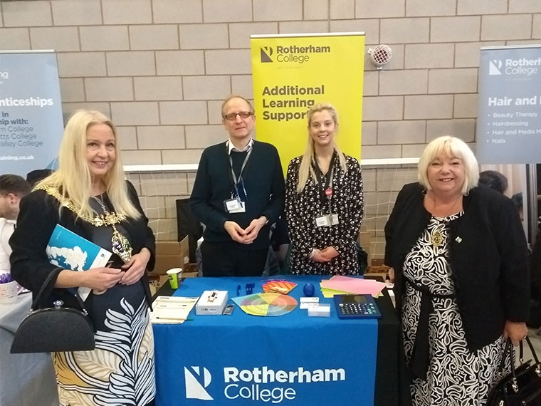 Mayor, Jenny Andrews and Mayoress, Jeanette Mallinder stood alongside the ALS team from Rotherham College at the careers event.