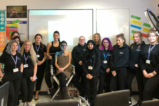 Samantha Helen pictured with Media Make-up learners at the Masterclass delivered by Treasure House.