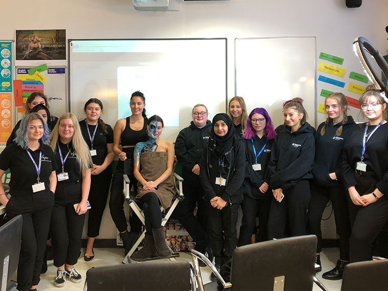 Samantha Helen pictured with Media Make-up learners at the Masterclass delivered by Treasure House.
