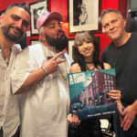 Graphic designer Macy Beddows with Fun Lovin' Criminals (from left) Naim Cortazzi, Frank Benbini and Brian Leiser at the "A Matter of Time" album launch party at Canary Wharf in London