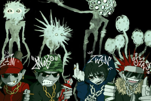 A piece of artwork with a black background and white characters